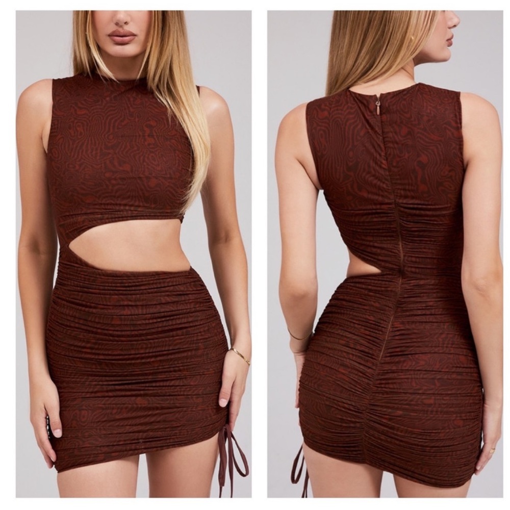 Mistress Rocks Ego Mesh Asymmetric Cut Out Mini Dress in Cocoa Size XS